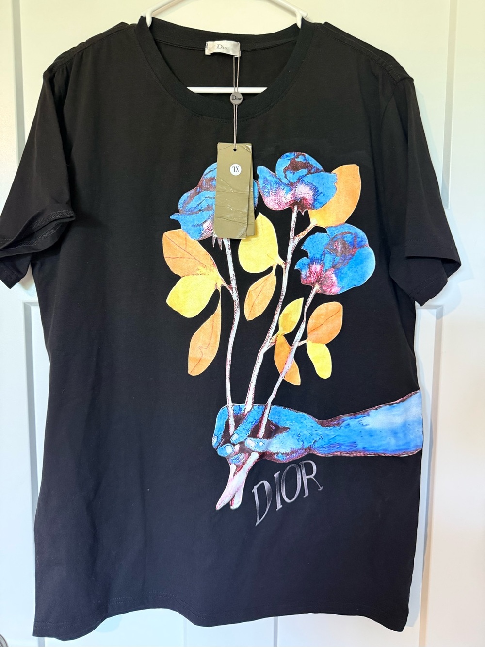 Unisex Floral Graphic Tee Black Crewneck Short Sleeve T-shirt Size XL